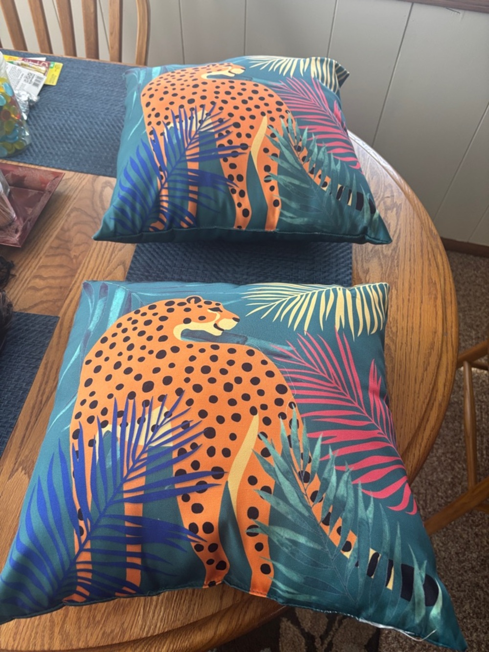 Set of Two Bold Teal Tropical Cheetah Decorative Pillows - Teal & Orange